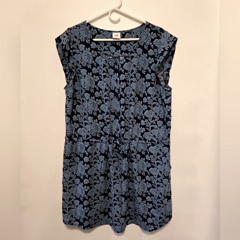 CAbi Navy and Light Blue Floral Cap-Sleeve Dress